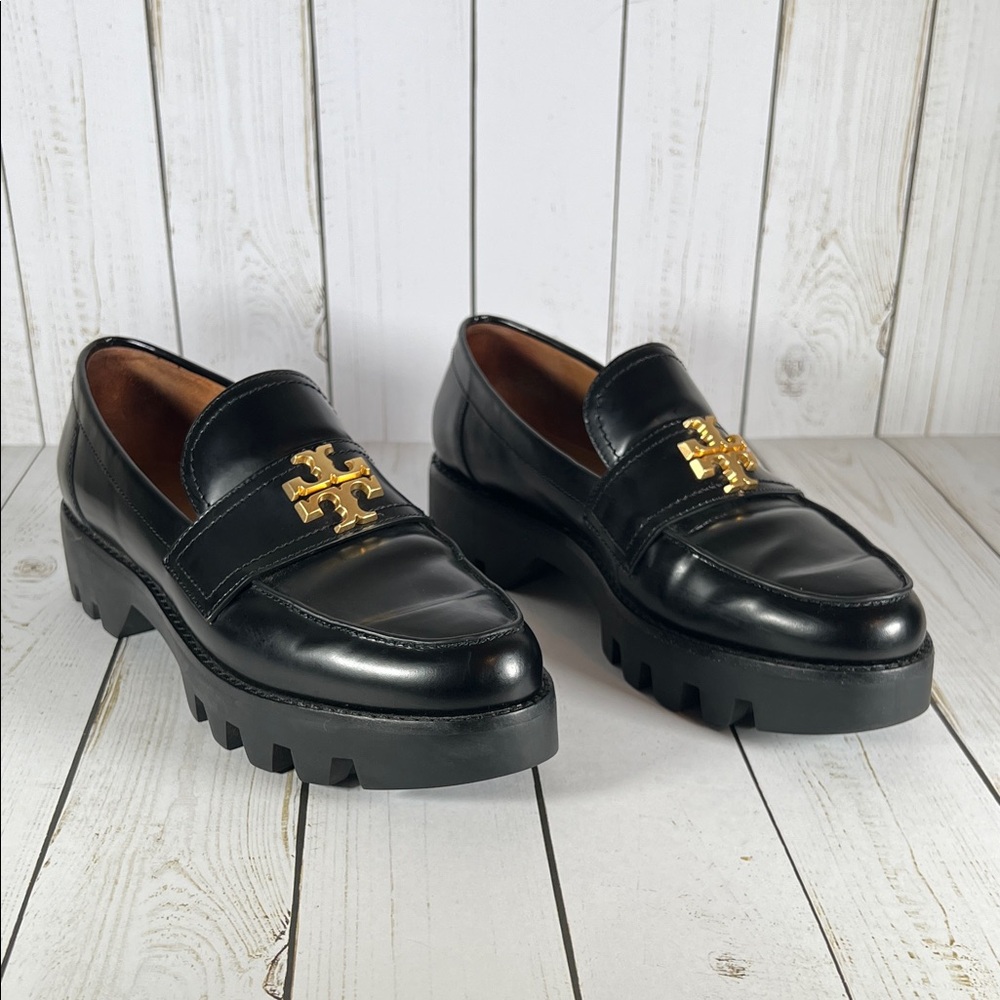 Tory Burch Black Leather Lug Sole Loafers with Gold Logo